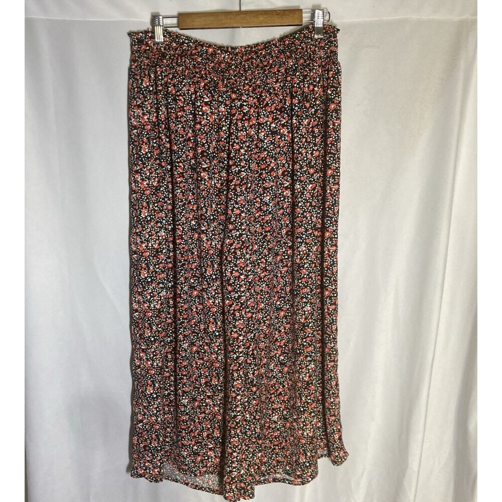EYELASH black pink floral smocked waist wide leg pull on pants 1X